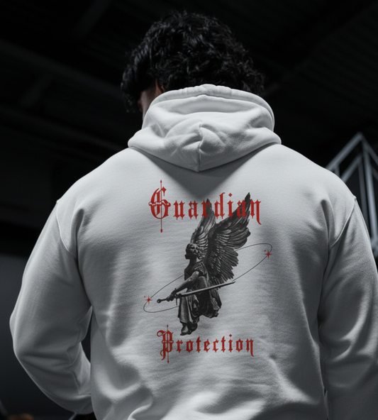 Man wearing white Alpha&Omega hoodie, with black / dark gym background.