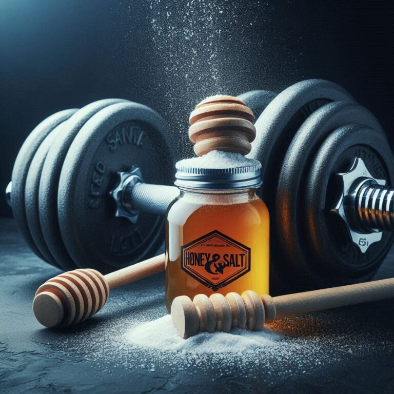 Natural pre-workout ingredients: a jar of honey and a bowl of salt, commonly used by gym-goers for an energy boost before exercise.